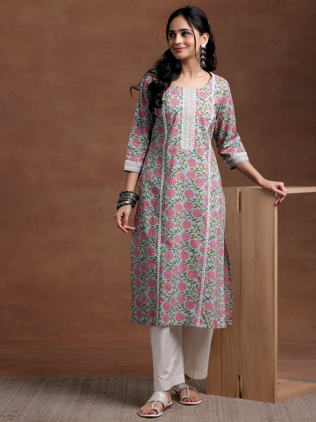 Blue Printed Cotton Straight Kurta - Libas 