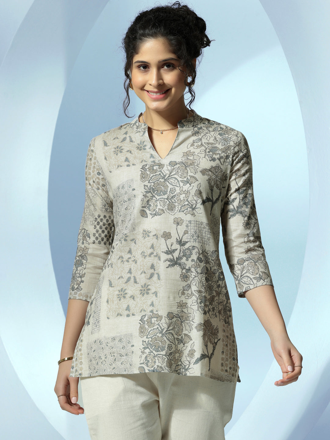 Off White Printed Linen Straight Kurti