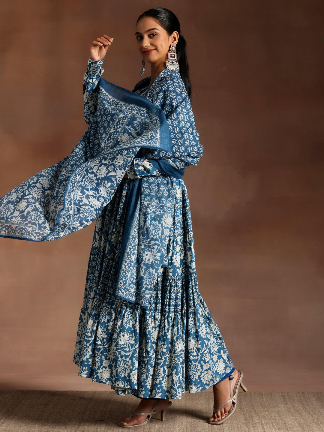 Blue Printed Cotton A-Line Kurta With Trousers & Dupatta - Libas 