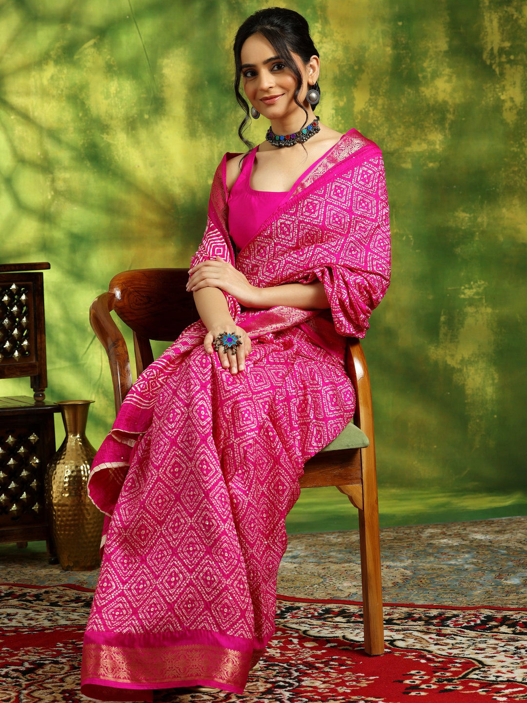 Pink Printed Silk Blend Saree With Unstitched Blouse Piece - Libas 