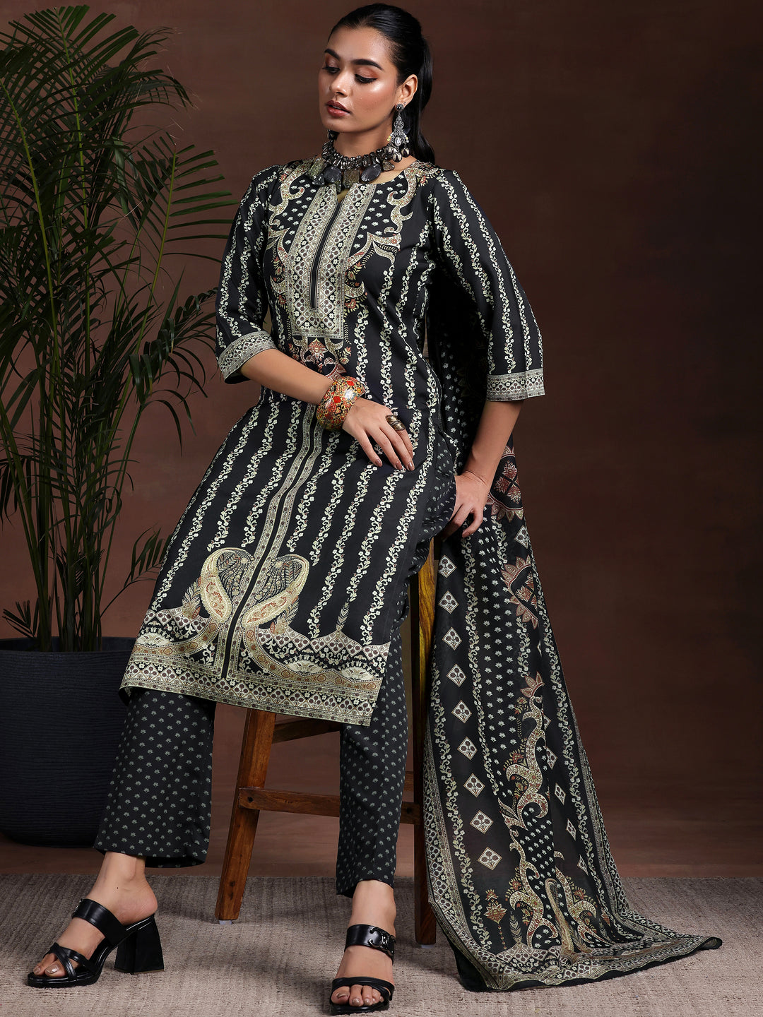  Black Printed Poly Crepe Straight Suit With Dupatta 