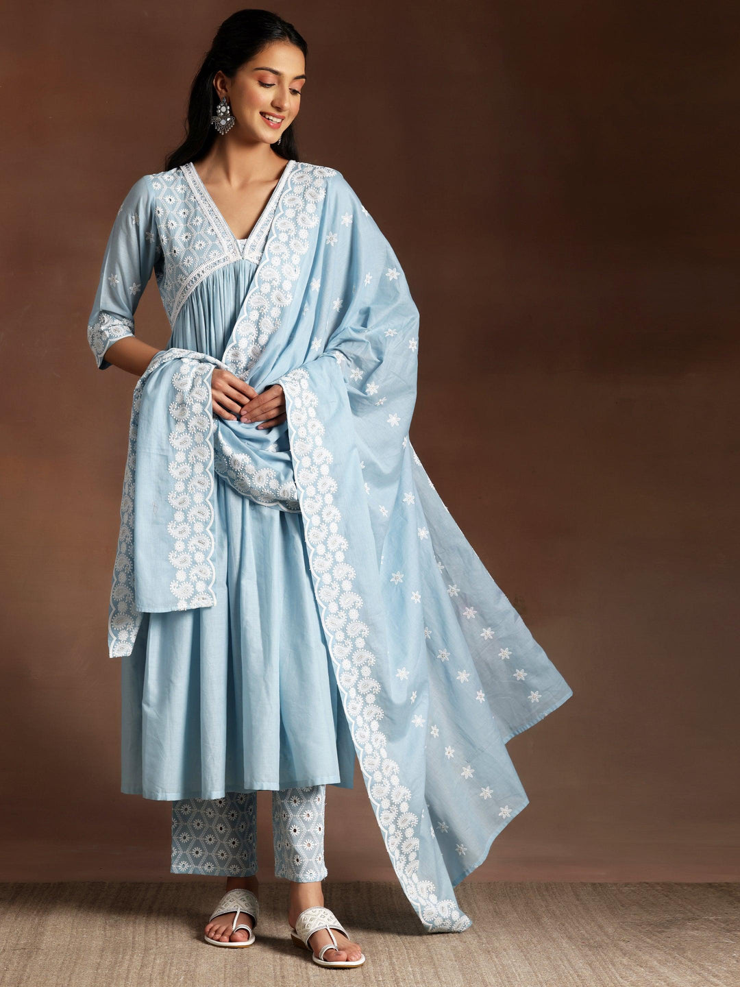 Blue Embroidered Cotton A-Line Kurta With Palazzos & Dupatta - Libas 