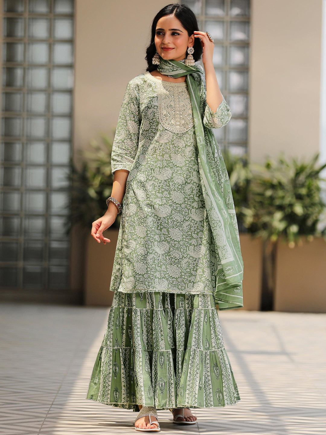 Green Yoke Design Cotton Straight Suit With Dupatta - Libas