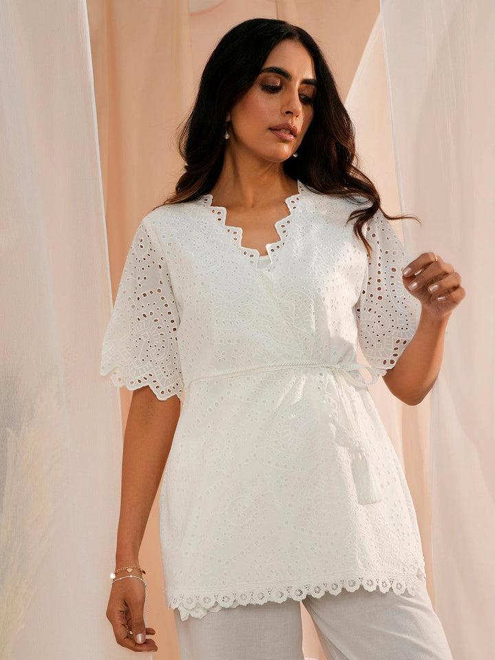 White Cotton Straight Kurti - Libas