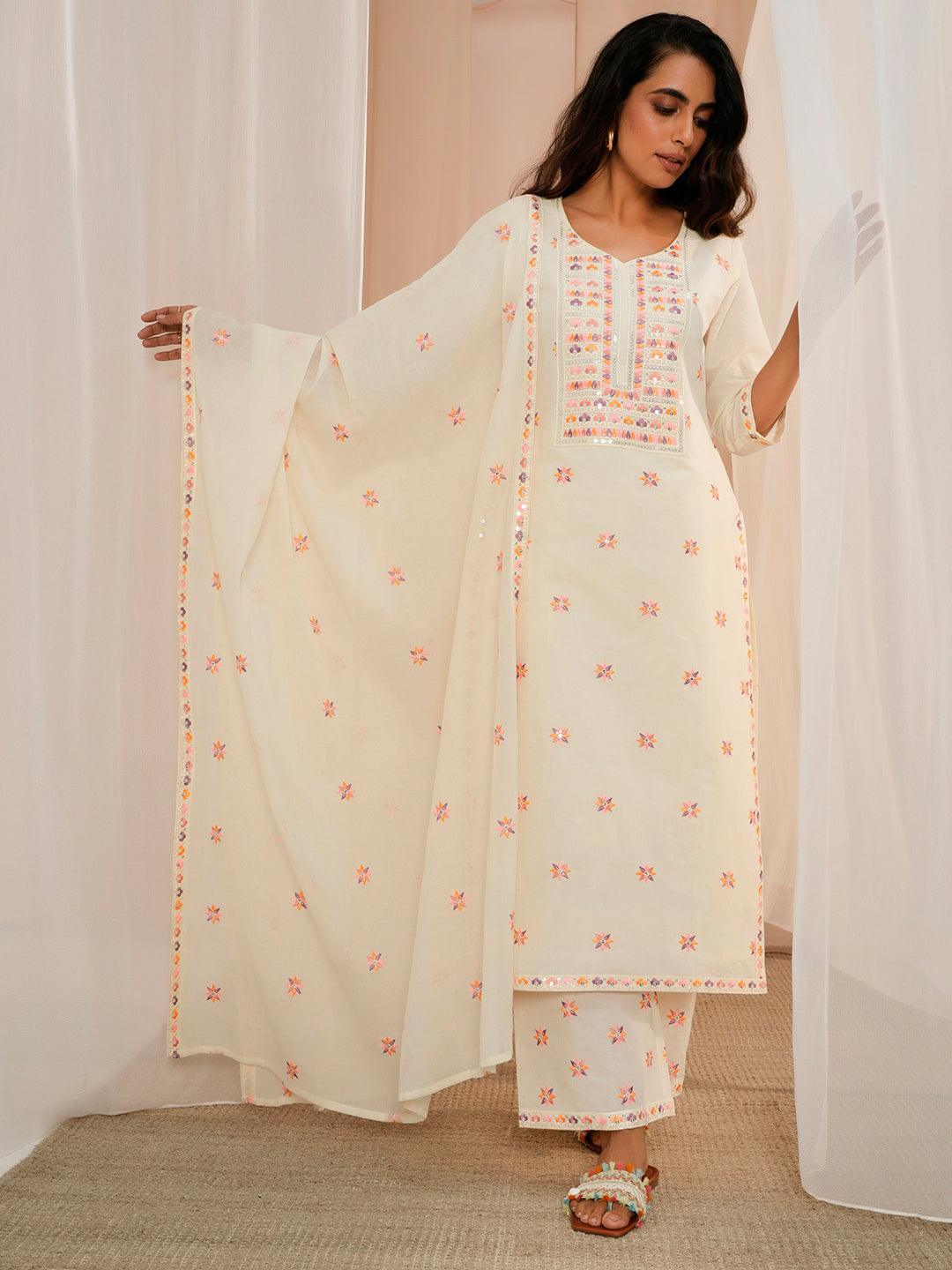 Off White Embroidered Cotton Straight Suit With Dupatta - Libas 