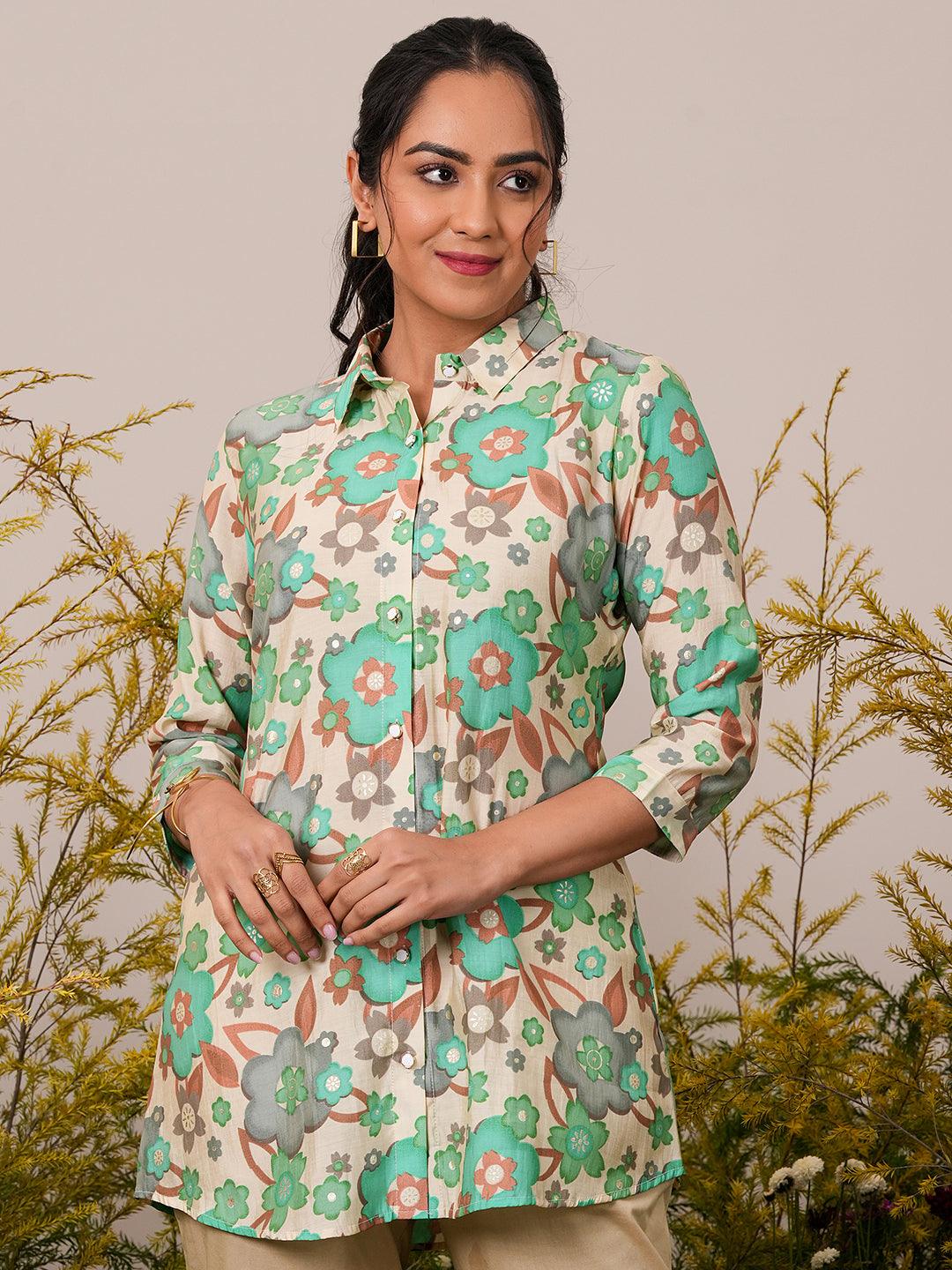 Cream Printed Silk Blend A-Line Kurti - Libas 