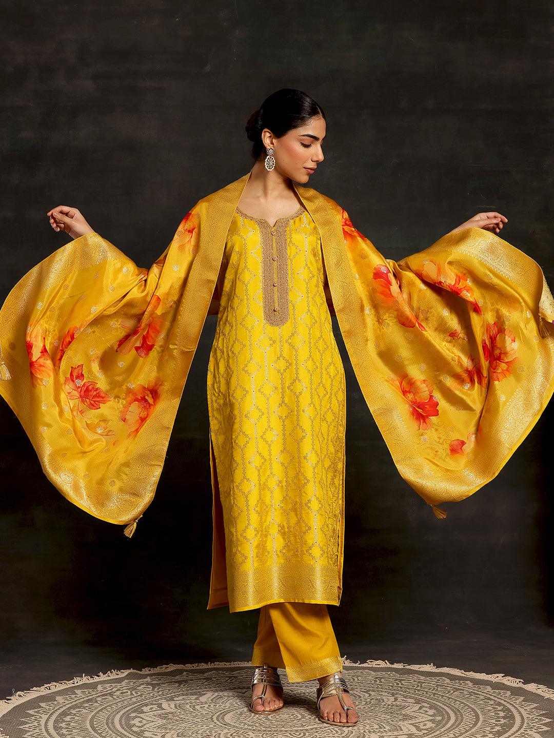 Mustard Woven Design Silk Blend Straight Suit With Dupatta - Libas 