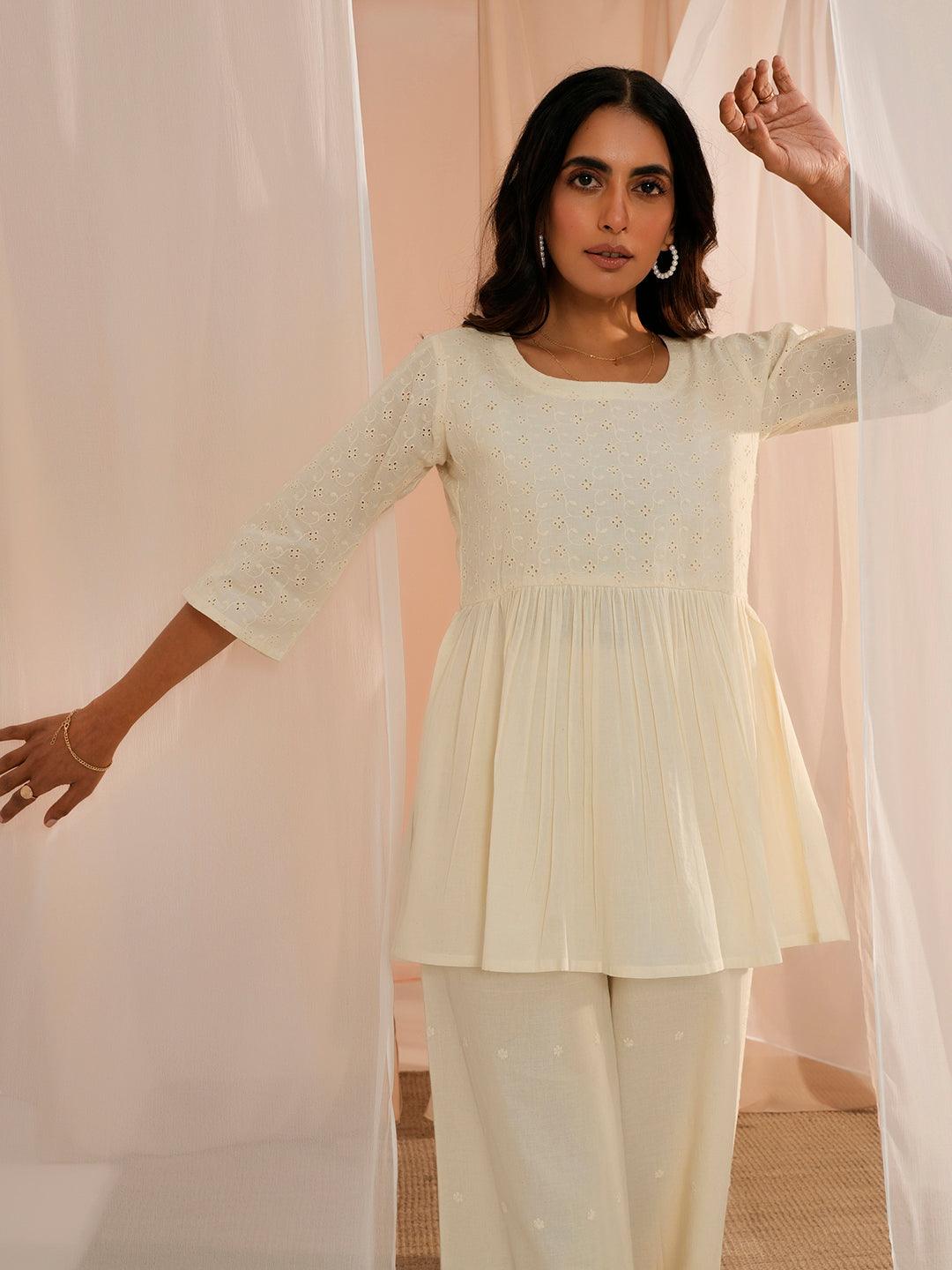 Off White Embroidered Cotton A-Line Kurti - Libas 