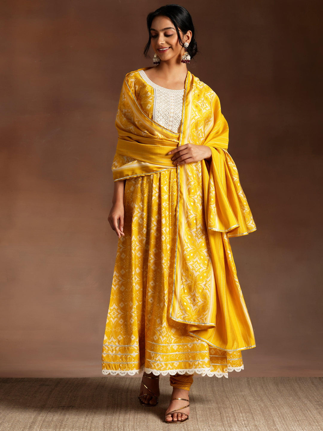 Mustard Printed Silk Blend Anarkali Suit With Dupatta - Libas 