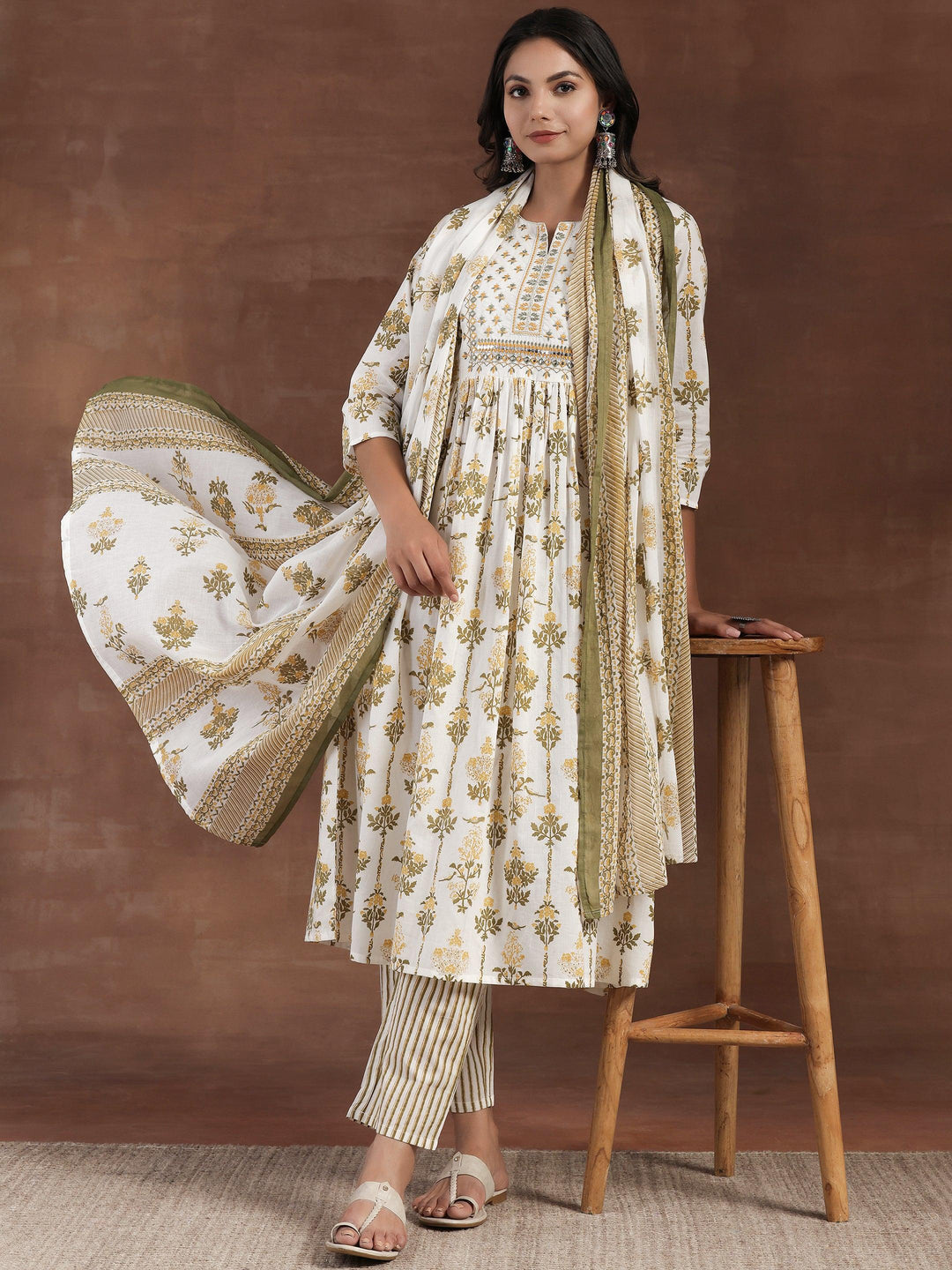 Off White Printed Cotton Anarkali Suit With Dupatta - Libas 