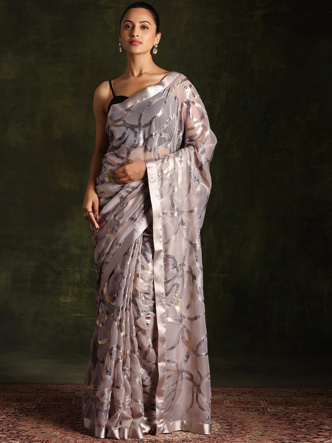 Grey Woven Design Brasso Saree With Unstitched Blouse Piece - Libas 