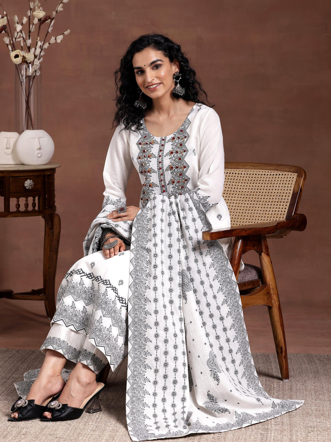 White Woven Design Linen Straight Suit With Dupatta - Libas 