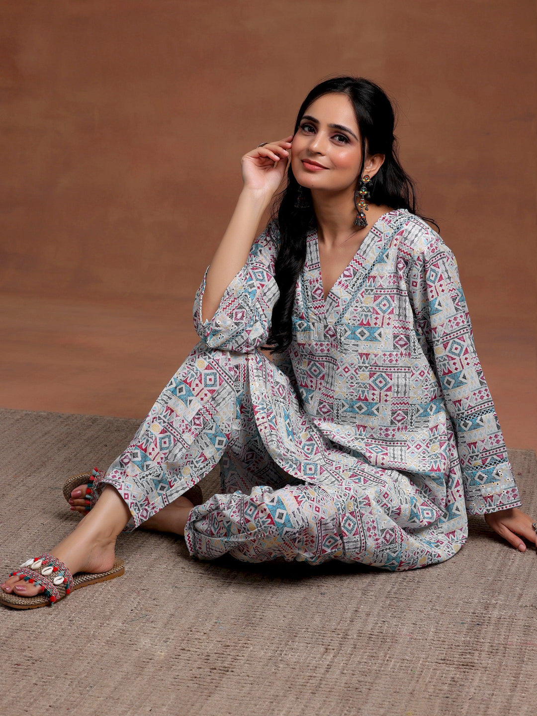 Blue Printed Cotton Straight Kurta Set - Libas 