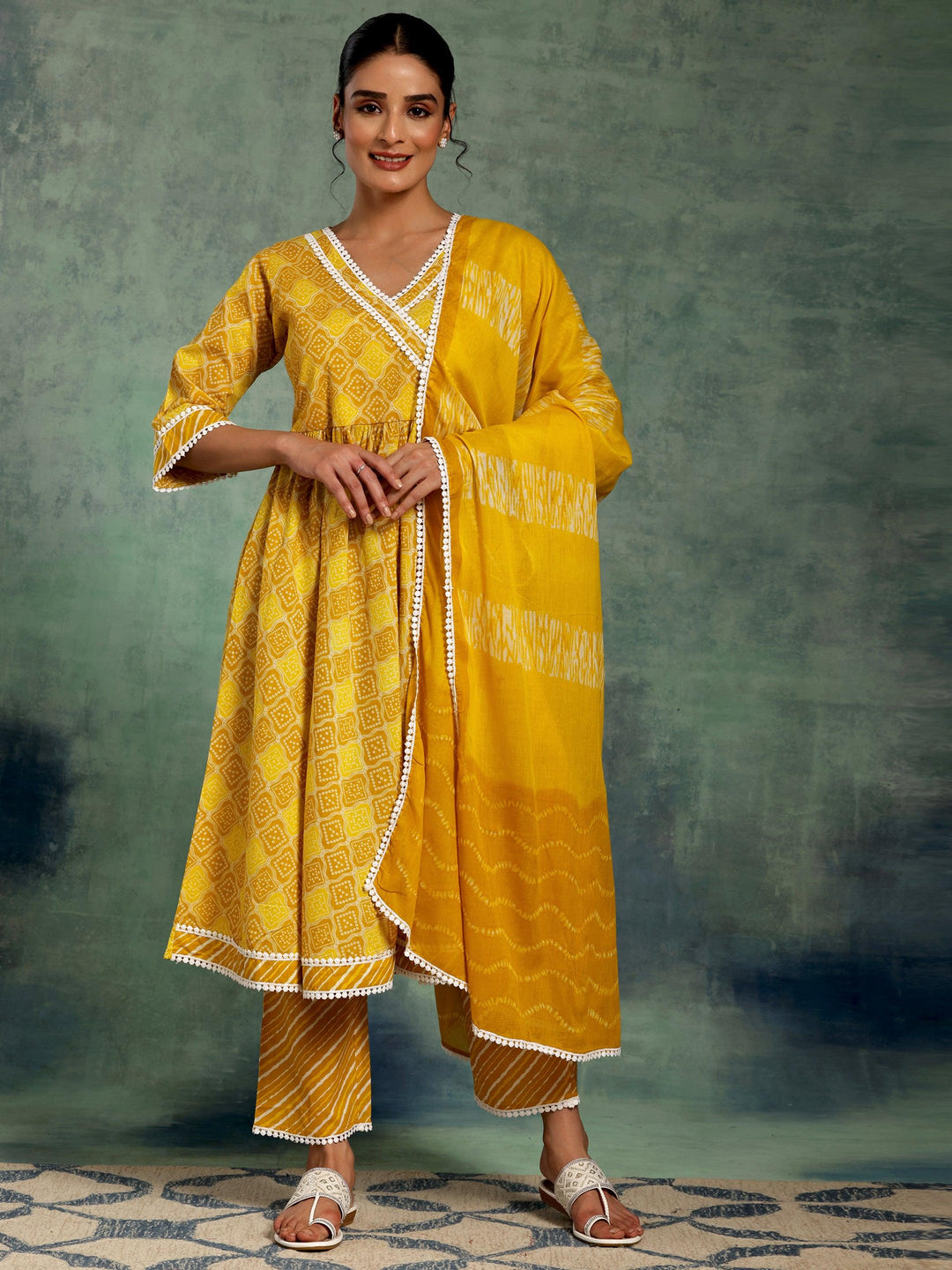 Mustard Printed Cotton A-Line Kurta With Palazzos & Dupatta - Libas