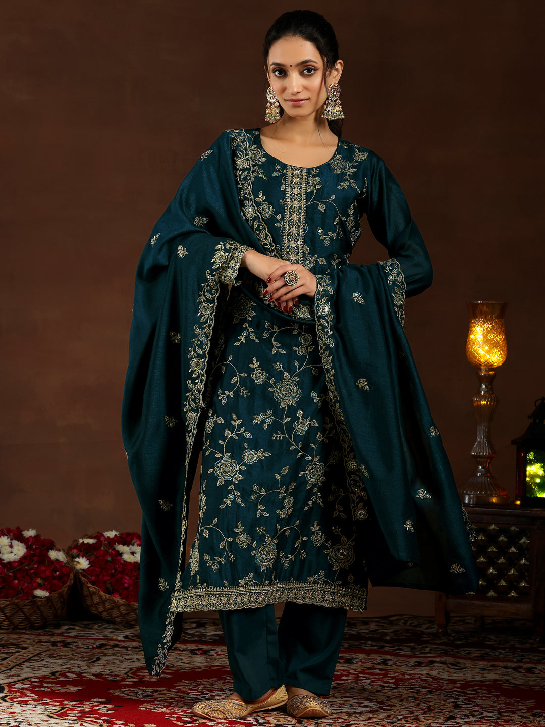  Teal Embroidered Silk Blend Straight Suit With Dupatta 