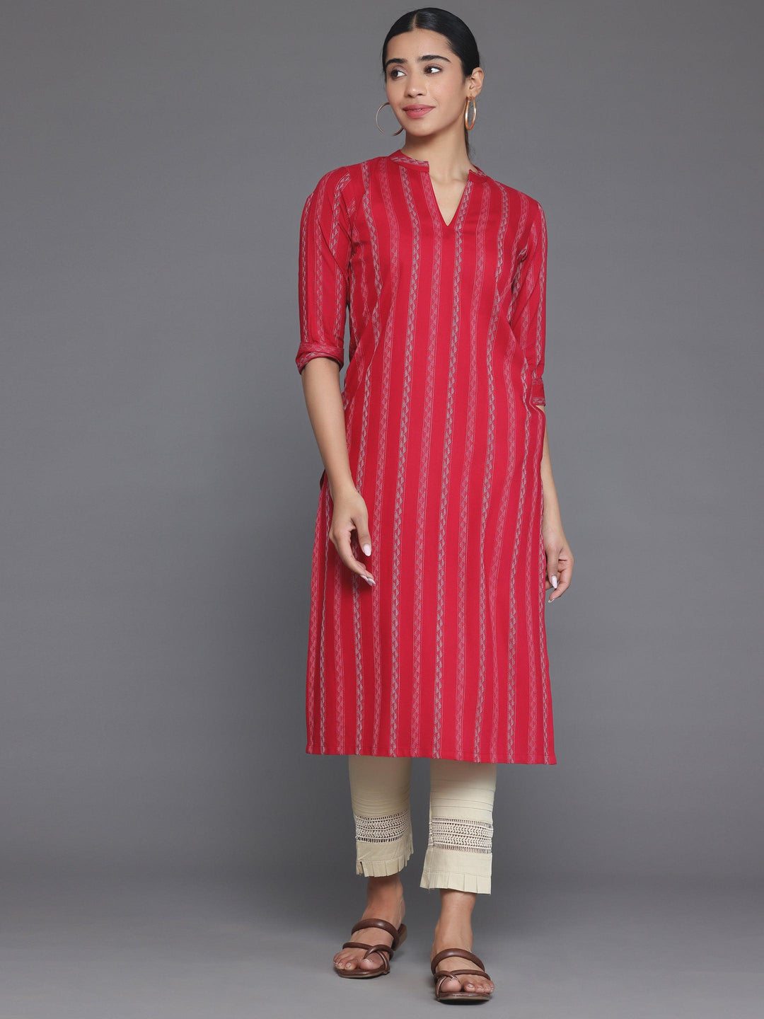 Red Striped Rayon Straight Kurta - Libas 