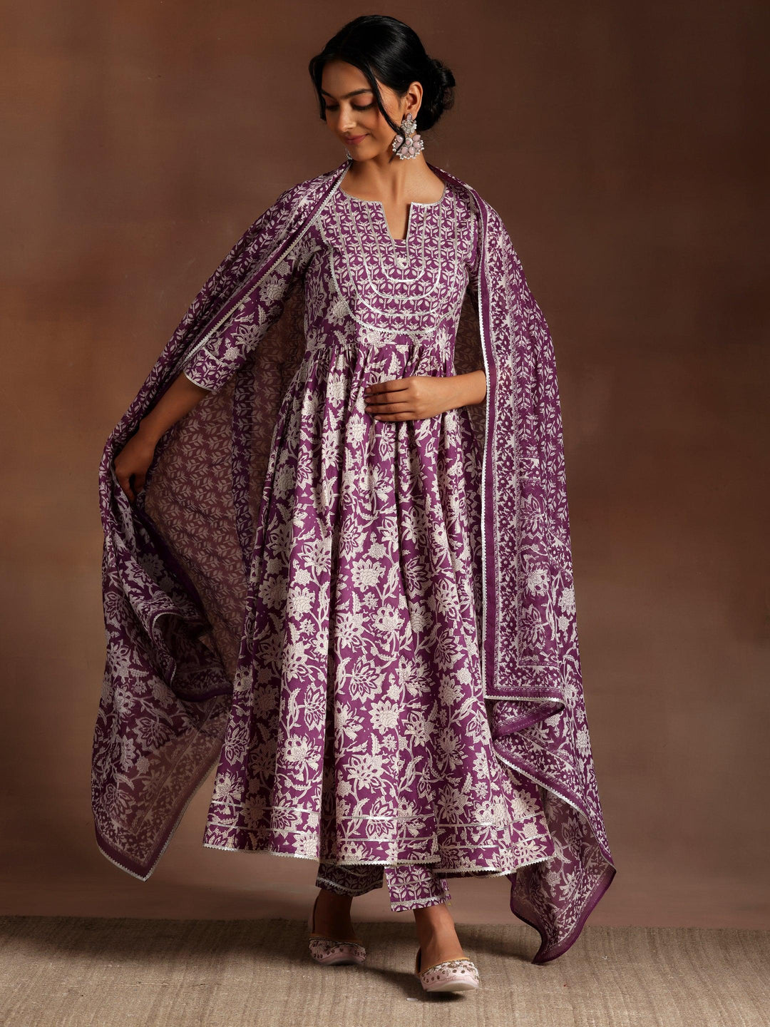 Purple Printed Cotton Anarkali Suit With Dupatta - Libas 