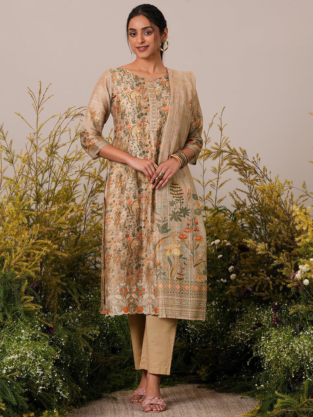 Tan Printed Chanderi Silk Straight Suit With Dupatta