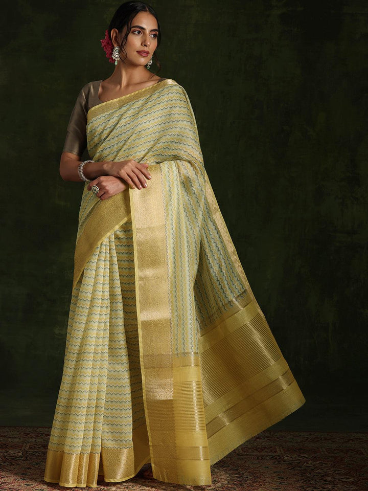 Yellow Printed Silk Blend Saree With Unstitched Blouse Piece - Libas