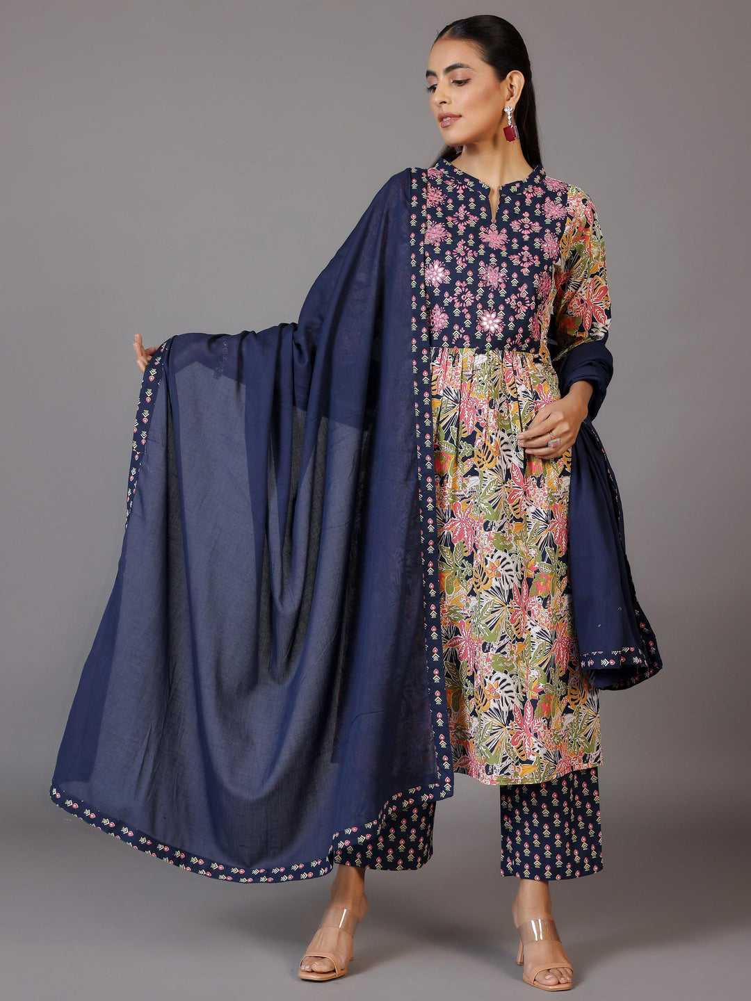 Blue Printed Cotton Straight Suit With Dupatta - Libas 