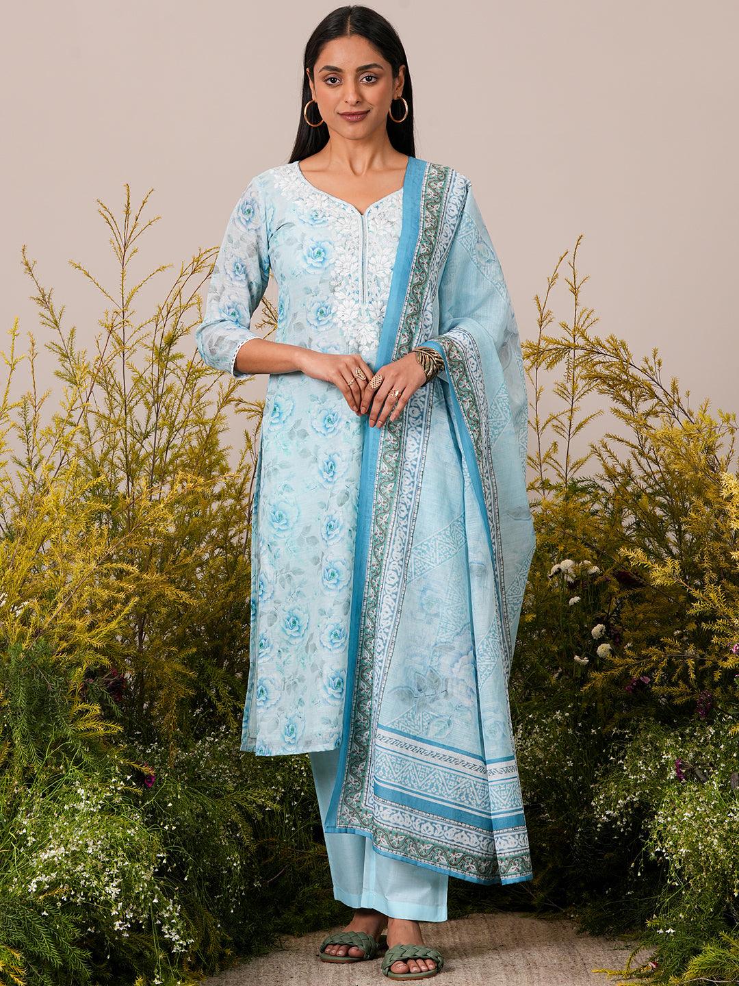 Blue Printed Linen Straight Suit With Dupatta - Libas 