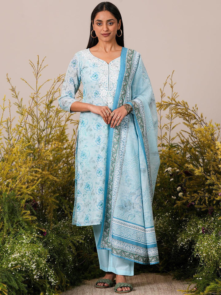 Blue Printed Linen Straight Suit With Dupatta - Libas