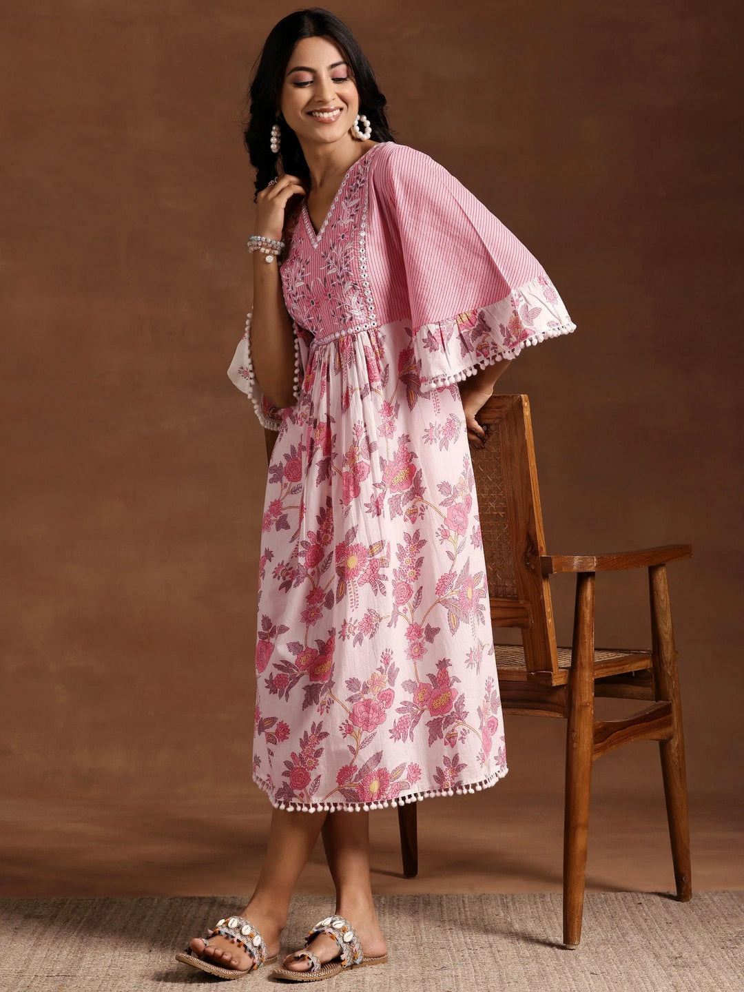 Pink Printed Cotton A-Line Kurta - Libas