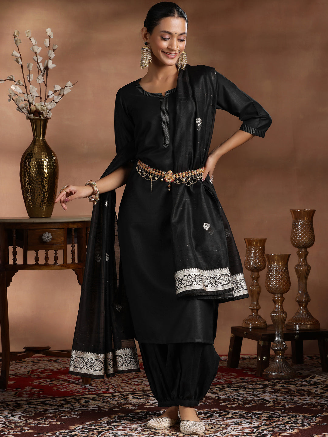  Black Solid Cotton Blend Straight Suit With Dupatta 