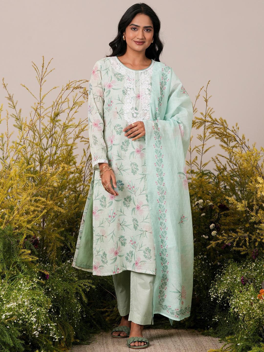 Green Printed Linen Straight Suit With Dupatta - Libas 