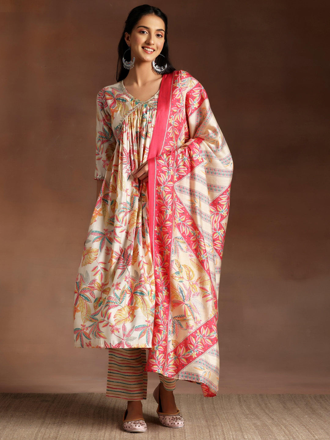 Off White Printed Silk Blend Straight Suit With Dupatta - Libas