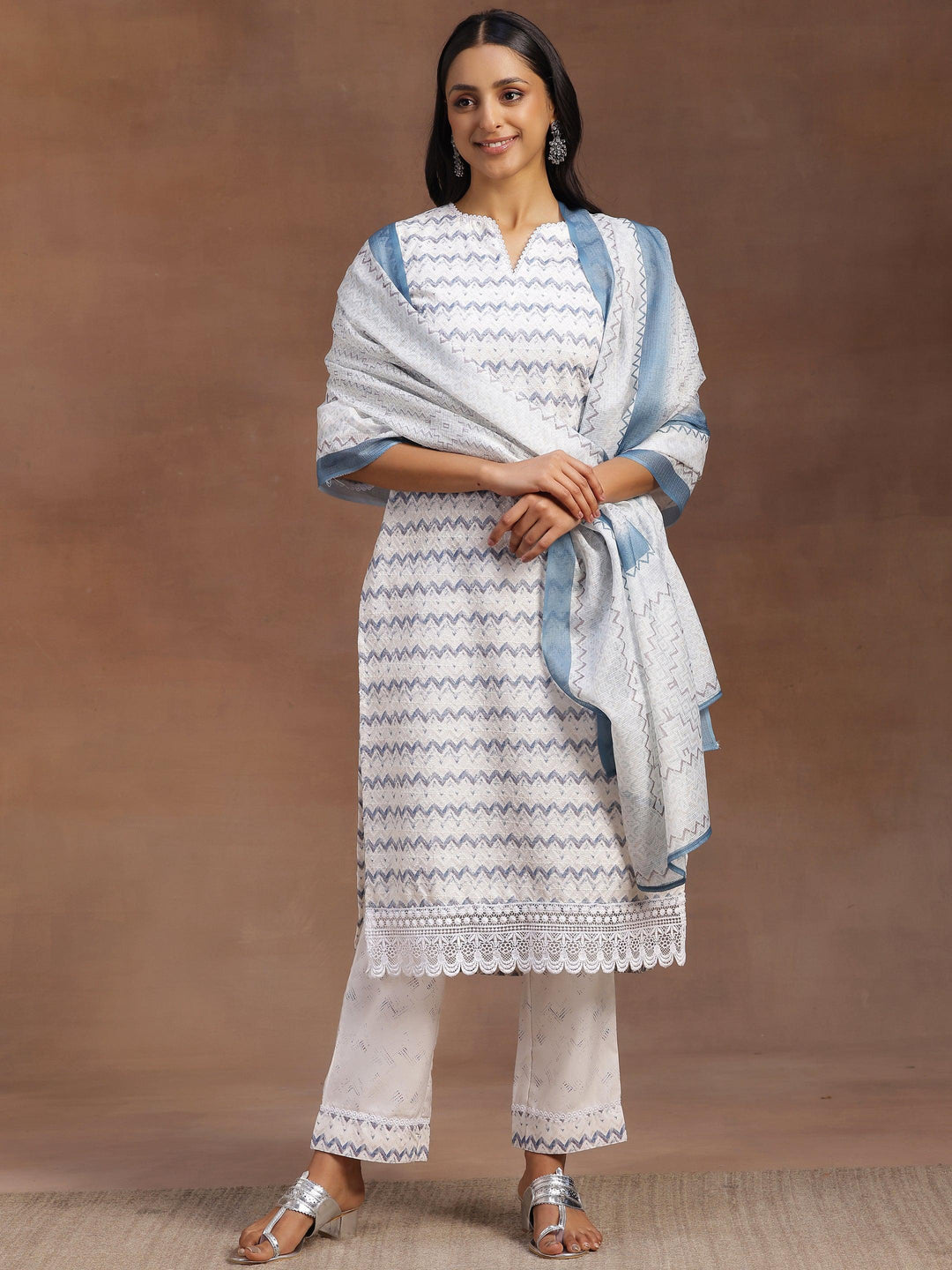 Off White Embroidered Cotton Blend Straight Suit With Dupatta - Libas 