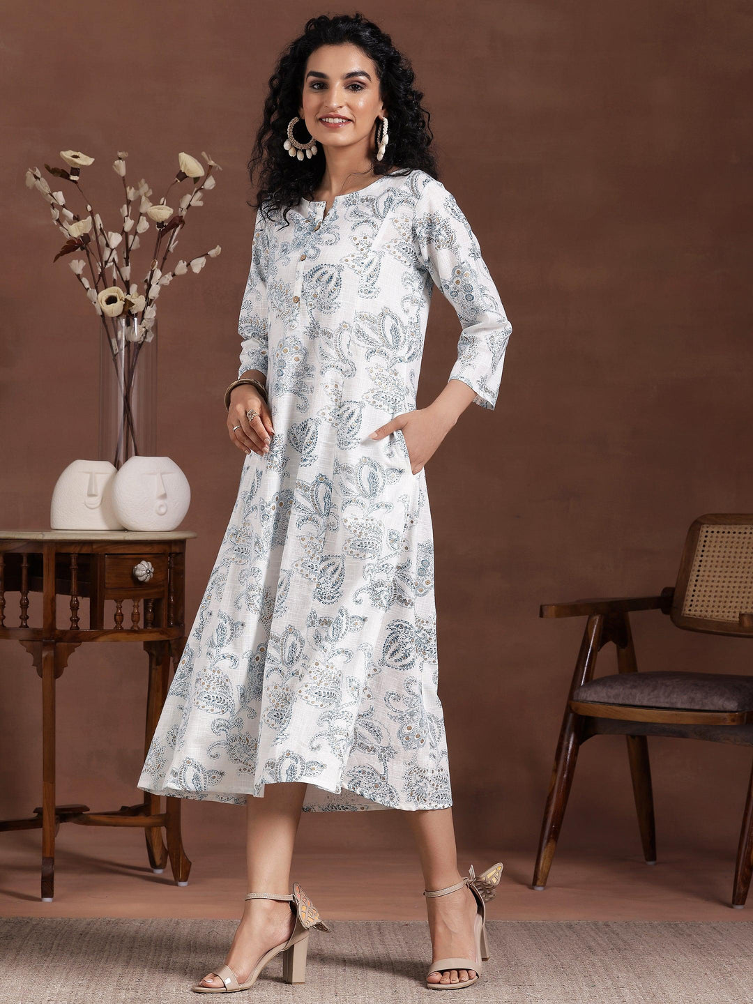 White Printed Cotton A-Line Dress - Libas 