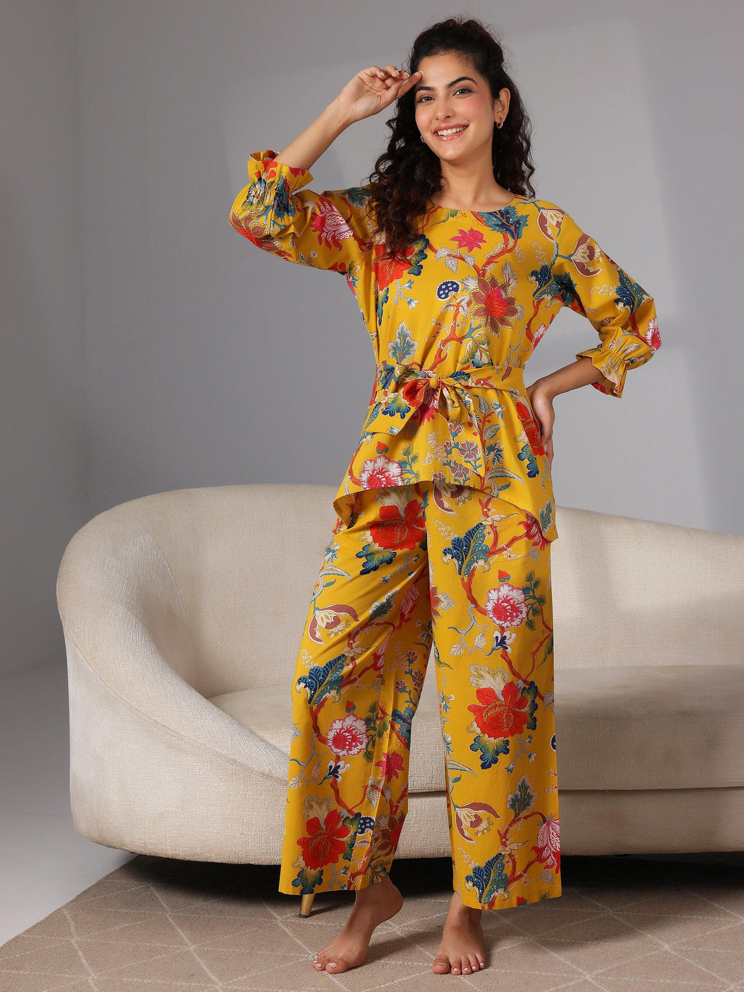 Mustard Printed Cotton Night Suits - Libas