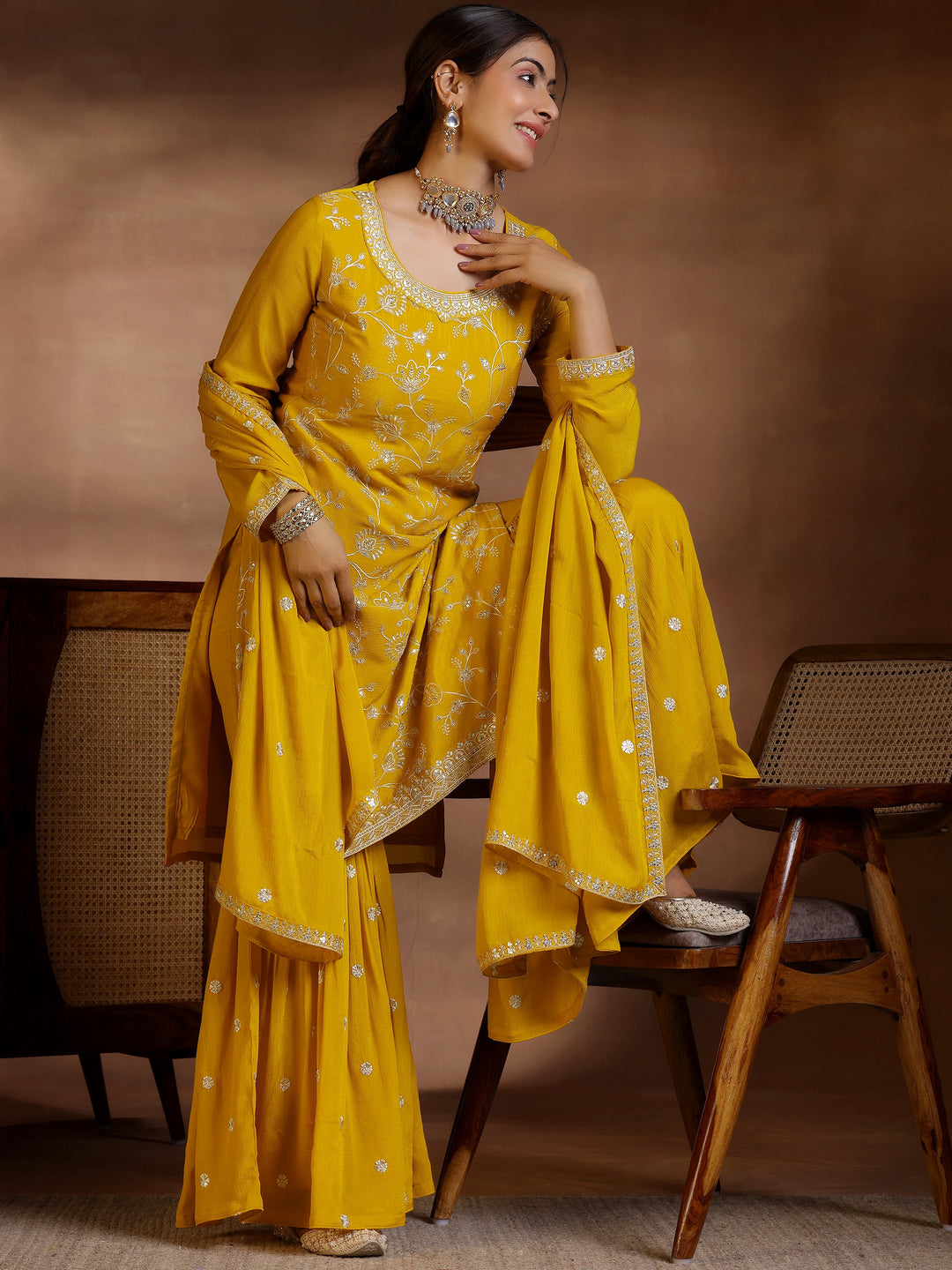  Mustard Embroidered Silk Blend Straight Suit With Dupatta 