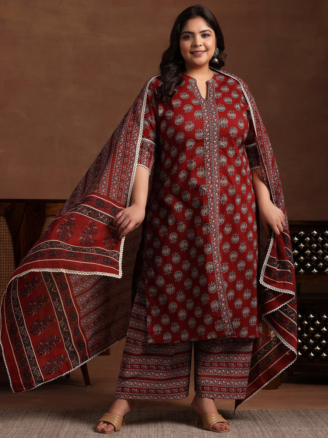 Plus Size Maroon Printed Cotton Straight Suit With Dupatta - Libas