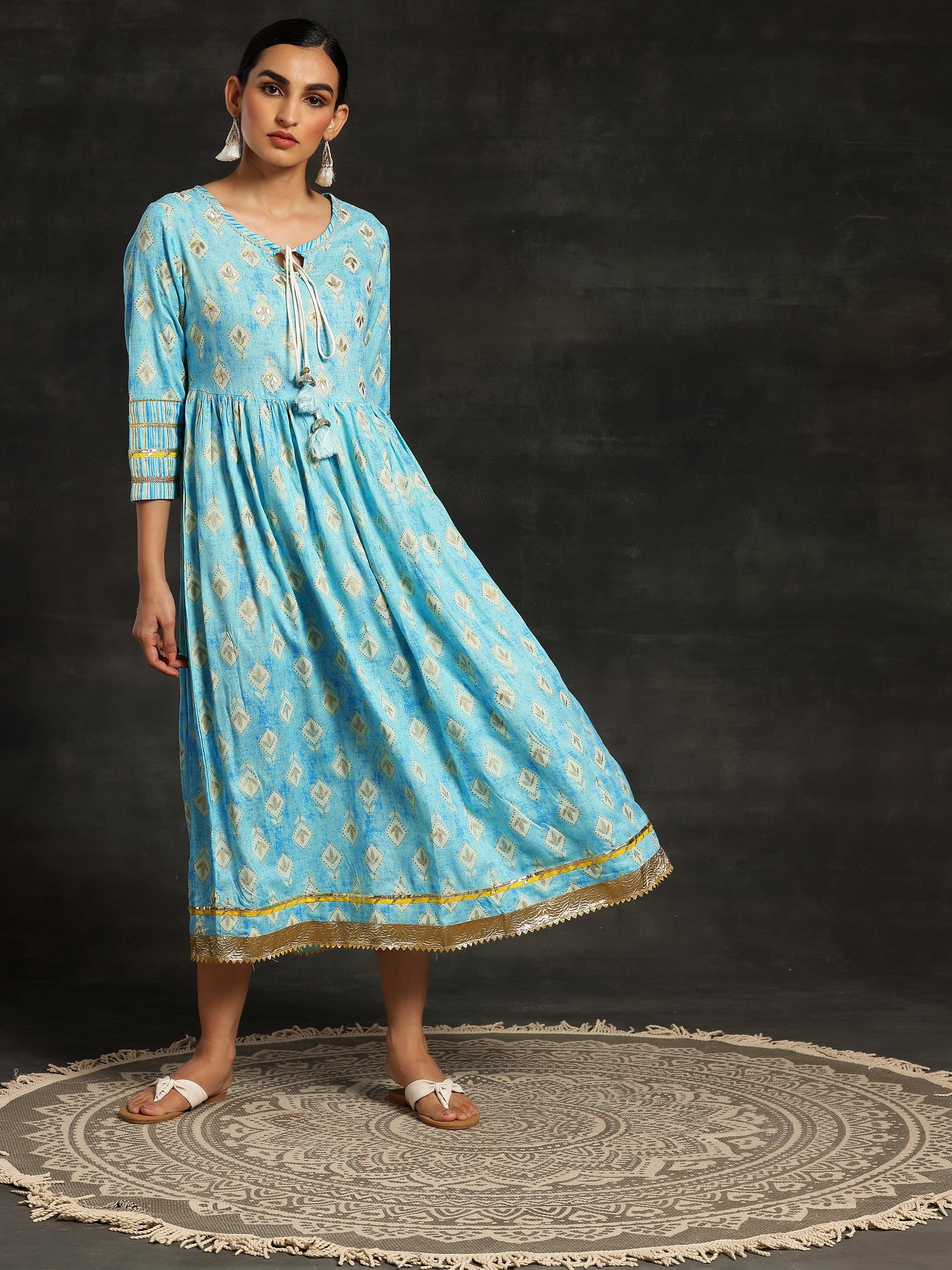 Turquoise Printed Cotton Fit and Flare Dress
