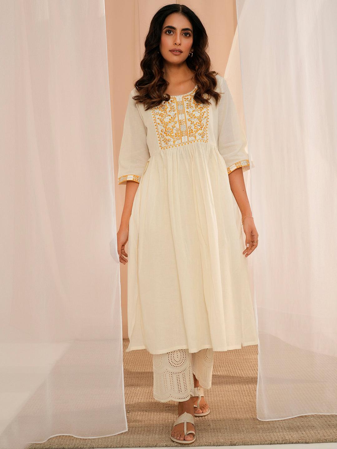 Off White Yoke Design Cotton A-Line Kurta - Libas 