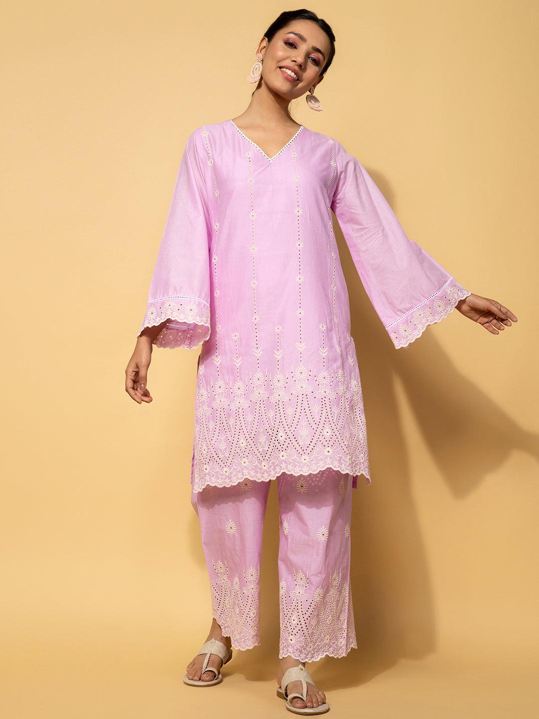 Lavender Embroidered Cotton Co-Ords - Libas 