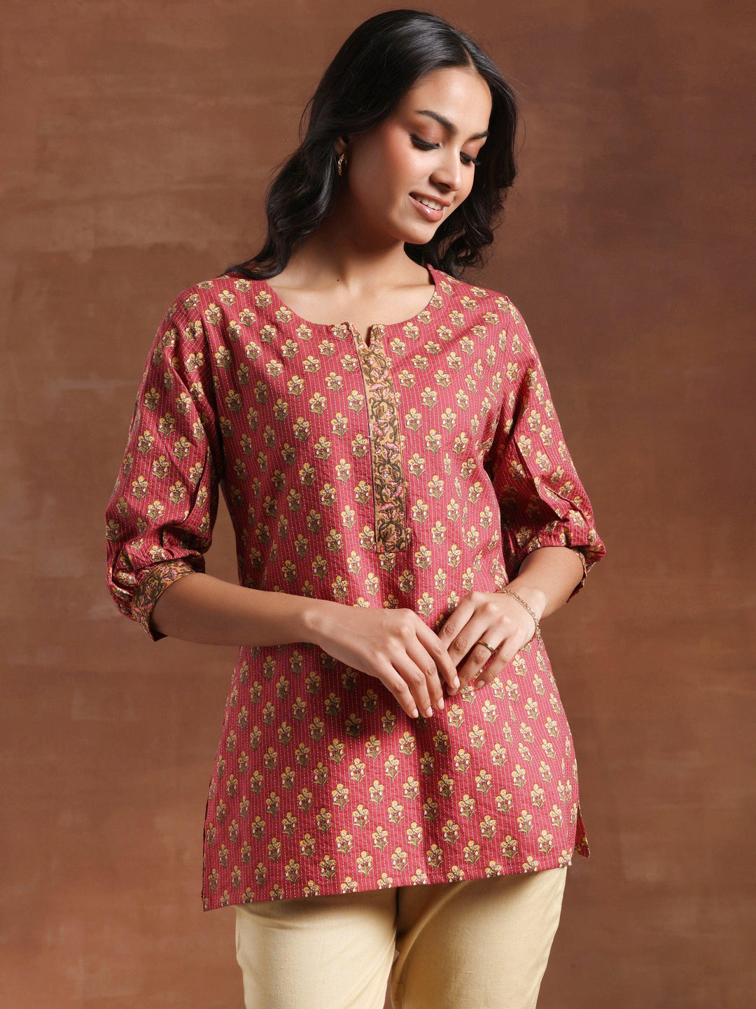 Pink Printed Cotton Straight Kurti - Libas 