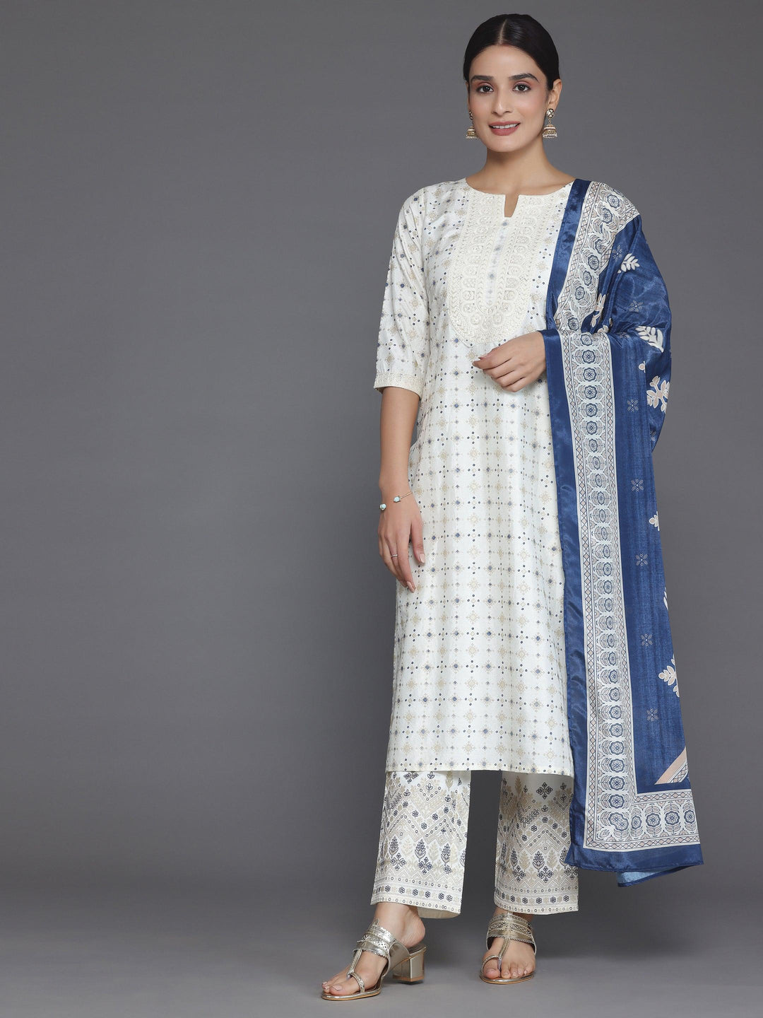 Off White Printed Silk Blend Straight Suit With Dupatta - Libas