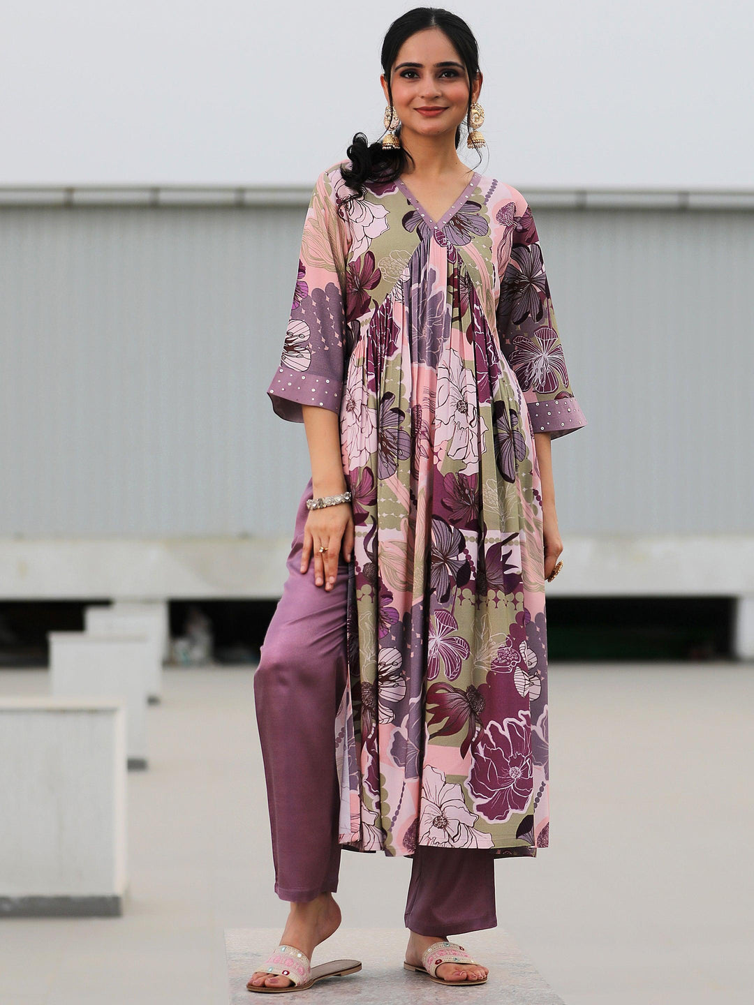 Mauve Printed Rayon A-Line Kurta With Trousers - Libas 