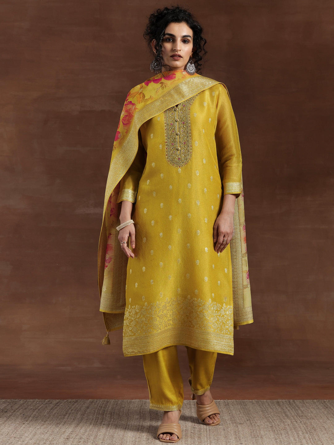 Mustard Woven Design Chanderi Silk Straight Suit With Dupatta - Libas