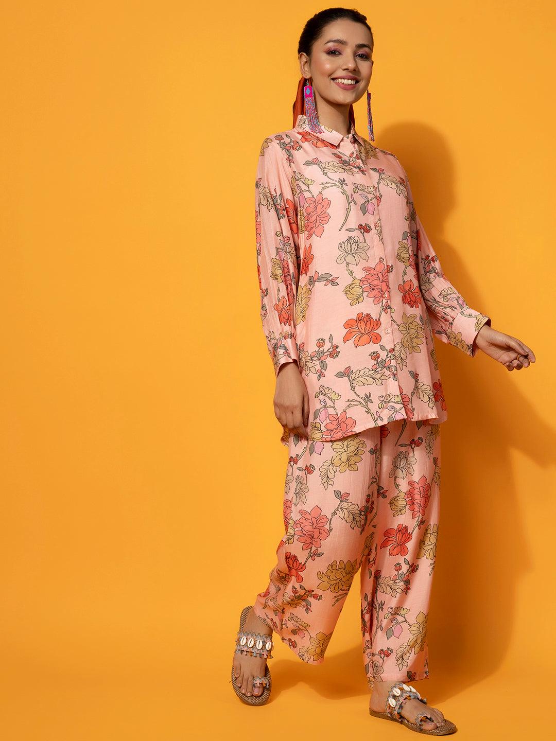 Peach Printed Silk Blend Co-Ords - Libas 