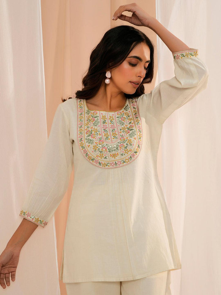 Off White Yoke Design Cotton Straight Kurti - Libas