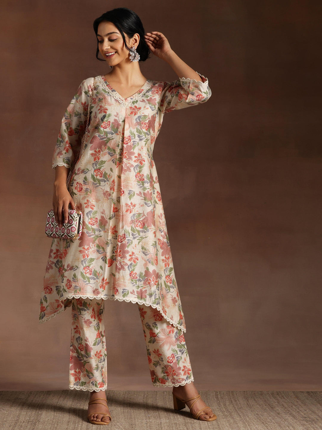 Khwaab Beige Printed Chanderi Silk A-Line Kurta With Trousers - Libas 