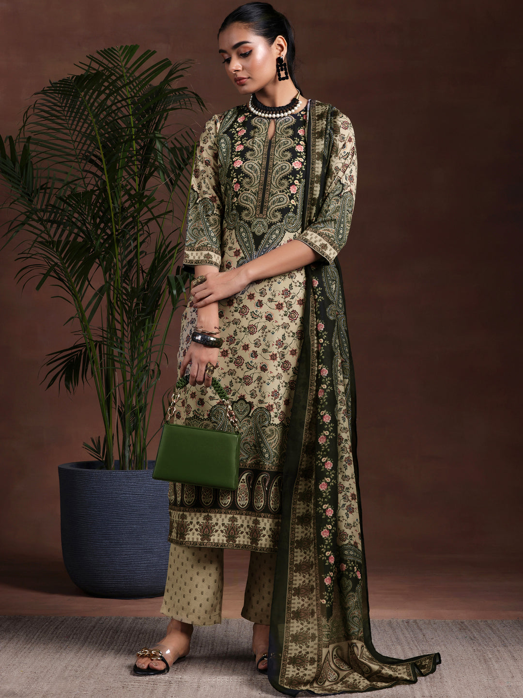 Beige Printed Poly Crepe Straight Suit With Dupatta