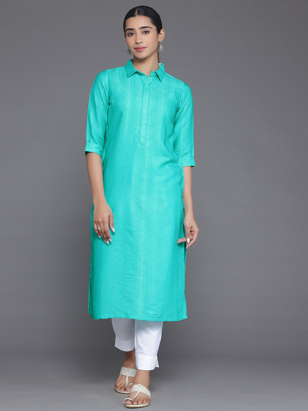 Blue Woven Design Cotton Straight Kurta - Libas 