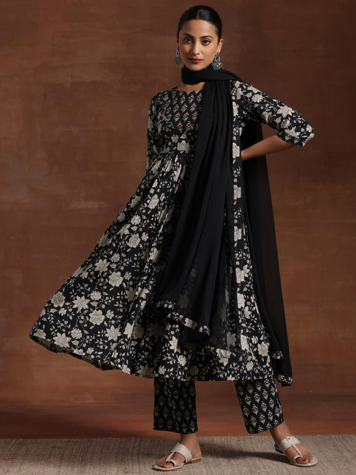 Black Printed Pure Cotton Anarkali Suit With Dupatta - Libas