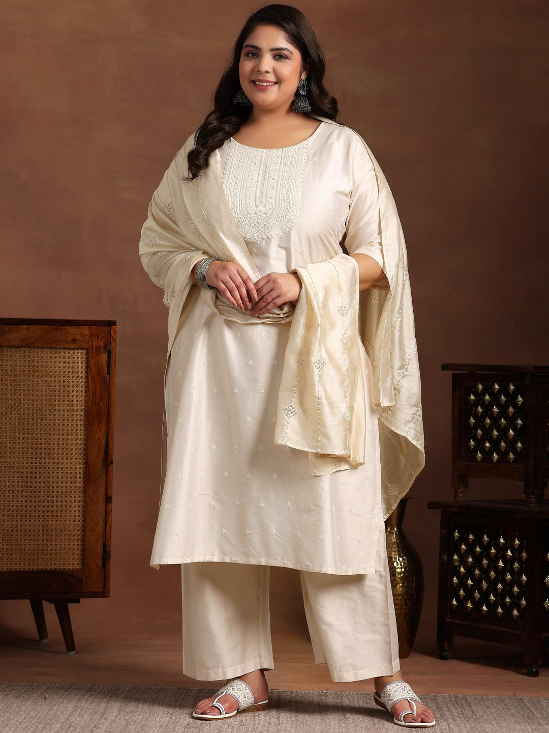 Plus Size Off White Embroidered Silk Blend Straight Suit With Dupatta - Libas 