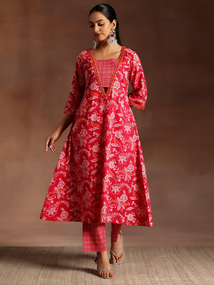 Naghma Pink Printed Cotton A-Line Kurta With Palazzos - Libas